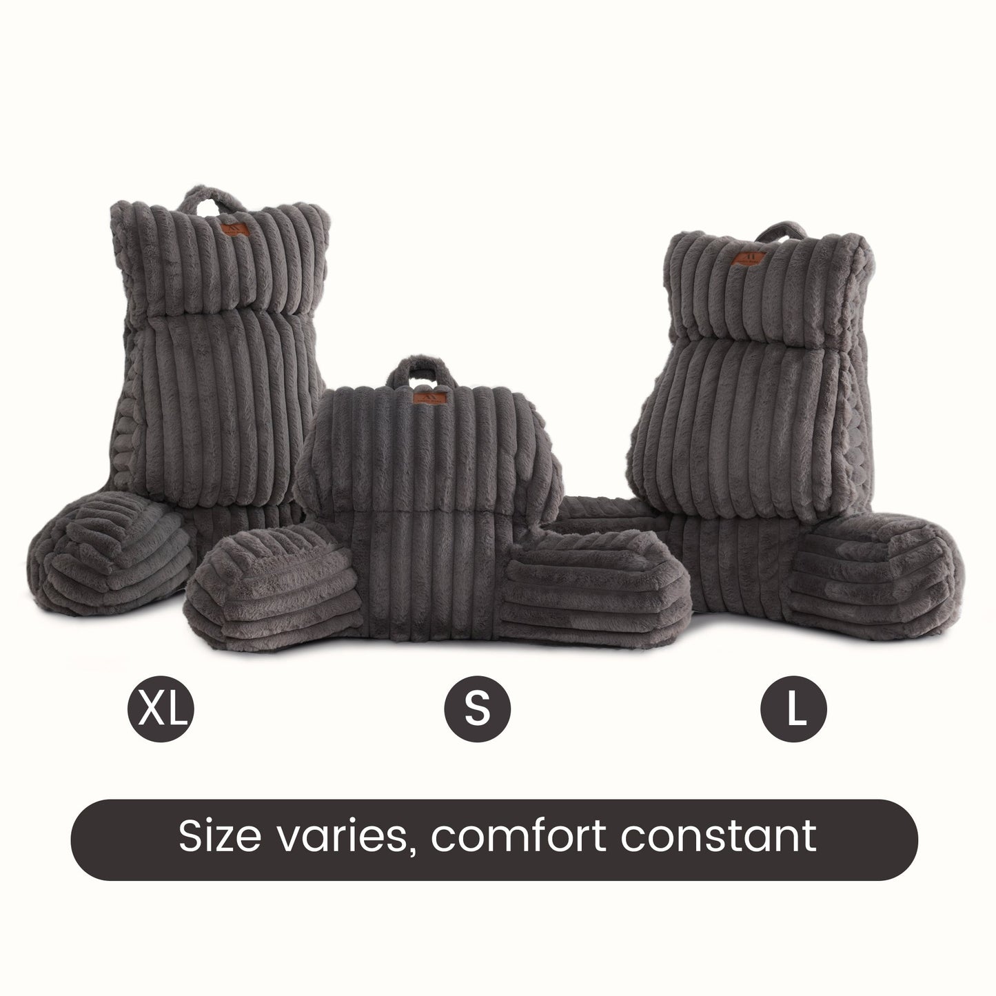 Cozy Bliss striped reading pillow size guide for standard, large, and x-large support options #color_Charcoal Grey