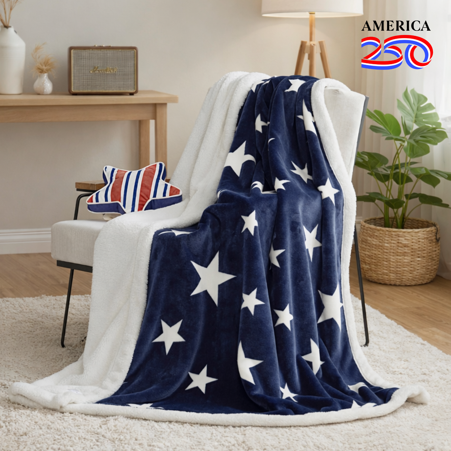 Navy blue star sherpa blanket in Navy Blue draped over a chair, creating a cozy patriotic living space #color_Navy Blue