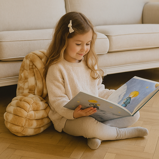 Child reading comfortably beside a Cozy Bliss striped faux fur backrest pillow #color_Tie-dye Beige