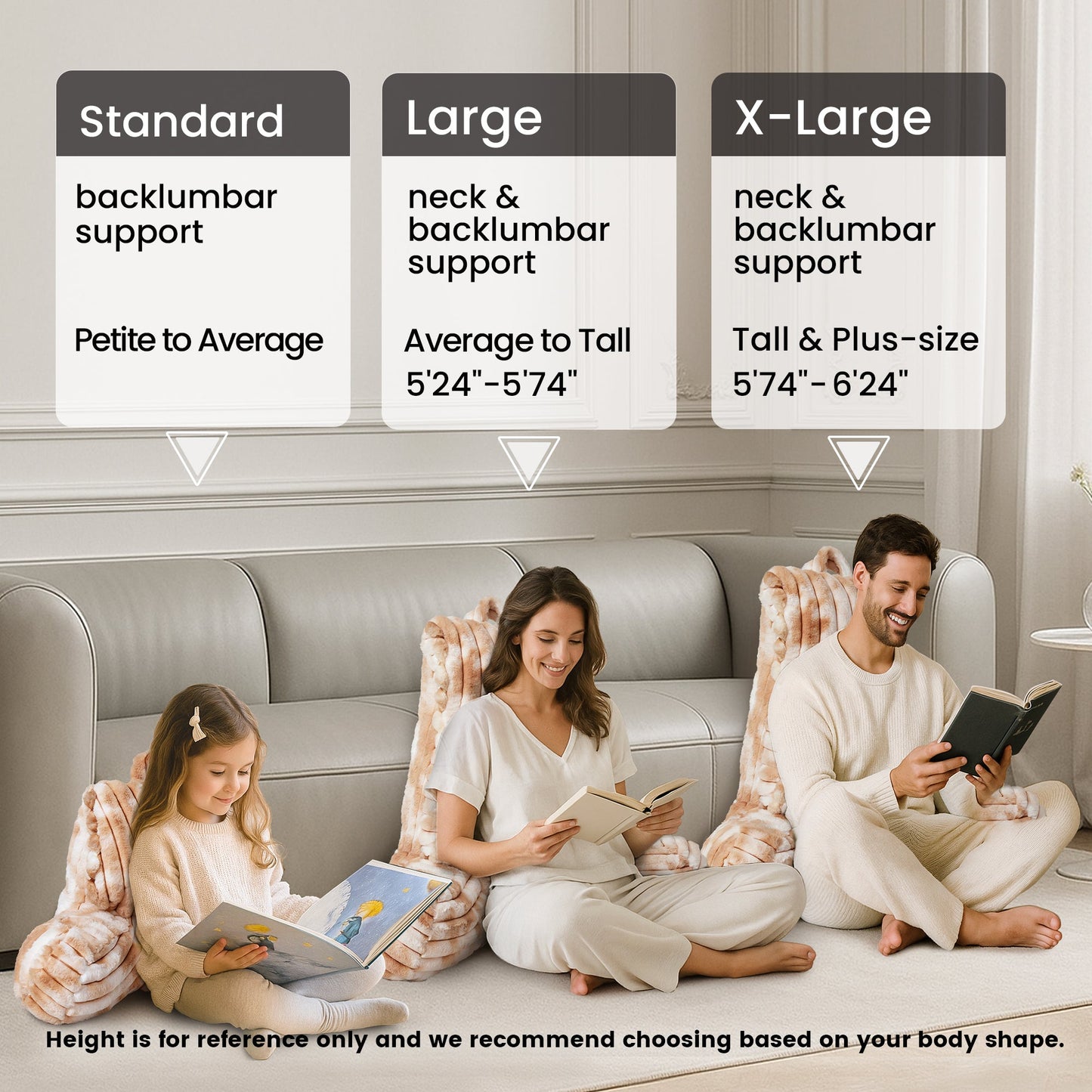 Cozy Bliss striped reading pillow size guide for standard, large, and x-large support options #color_Tie-dye Beige