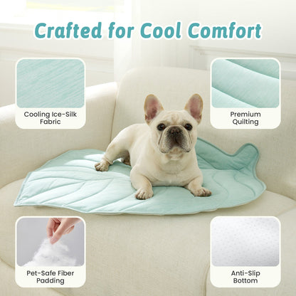 Dog lying on a cooling pad with features highlighted on a white background #color_Light Mint Green