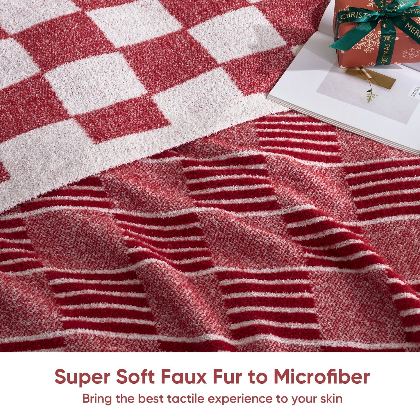 Close-up of Reversible Heather Checkered Feather Yarn Throw Blanket in Red showcasing plush feather yarn texture and ultra soft faux fur to microfiber feel for enhanced comfort. #color_Red