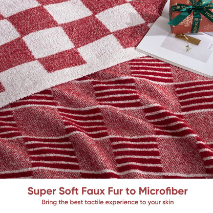 Close-up of Reversible Heather Checkered Feather Yarn Throw Blanket in Red showcasing plush feather yarn texture and ultra soft faux fur to microfiber feel for enhanced comfort. #color_Red