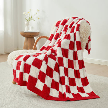 Checkered Faux Fur Feather Yarn Throw Blanket - Pink