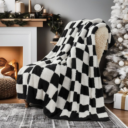 Checkered Faux Fur Feather Yarn Throw Blanket