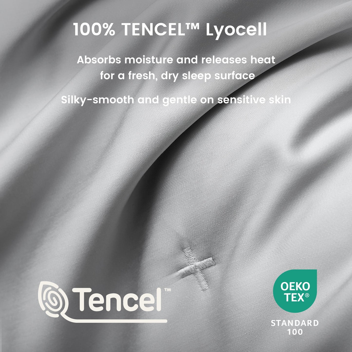 Close up of silky smooth Tencel™ lyocell cooling fabric with OKEO-TEX Standard 100 certification.#Color_Grey