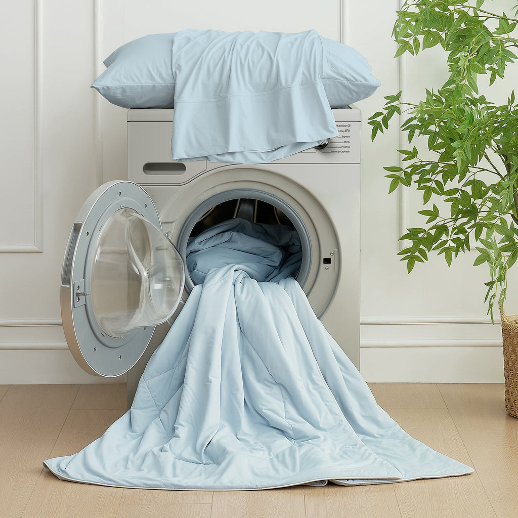 Cozy Bliss cooling blanketand bedding set in washing machine, machine washable #Color_Cool Blue