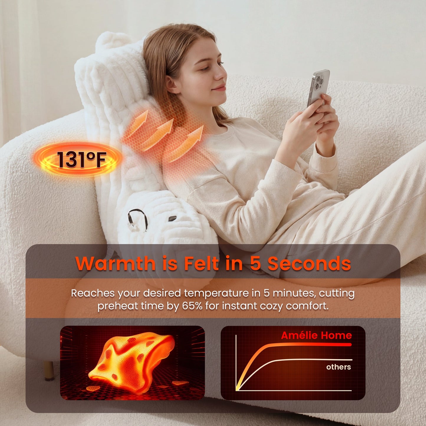 Woman leaning on a electric heated backrest pillow, holding a phone, with text about quick warmth.#color_Ivory