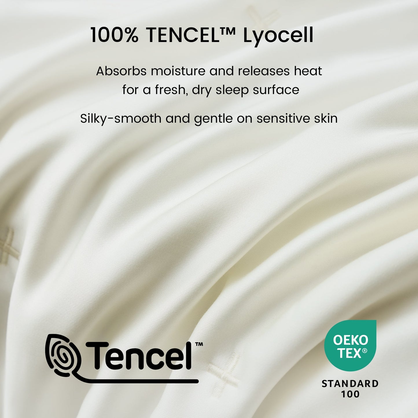 Close up of silky smooth Tencel™ lyocell cooling fabric with OKEO-TEX Standard 100 certification.#Color_Off White