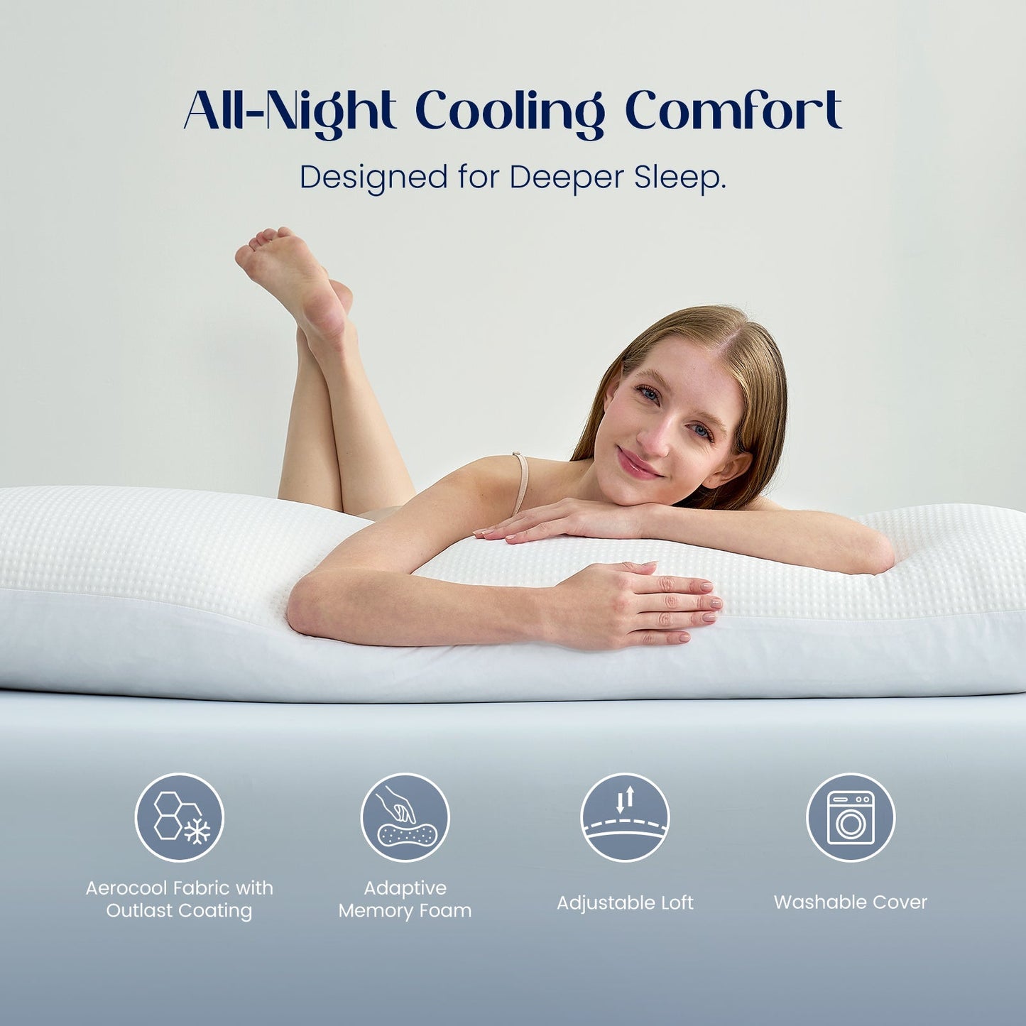 Women using cooling body pillow for all night cooling comfort.#color_Off White