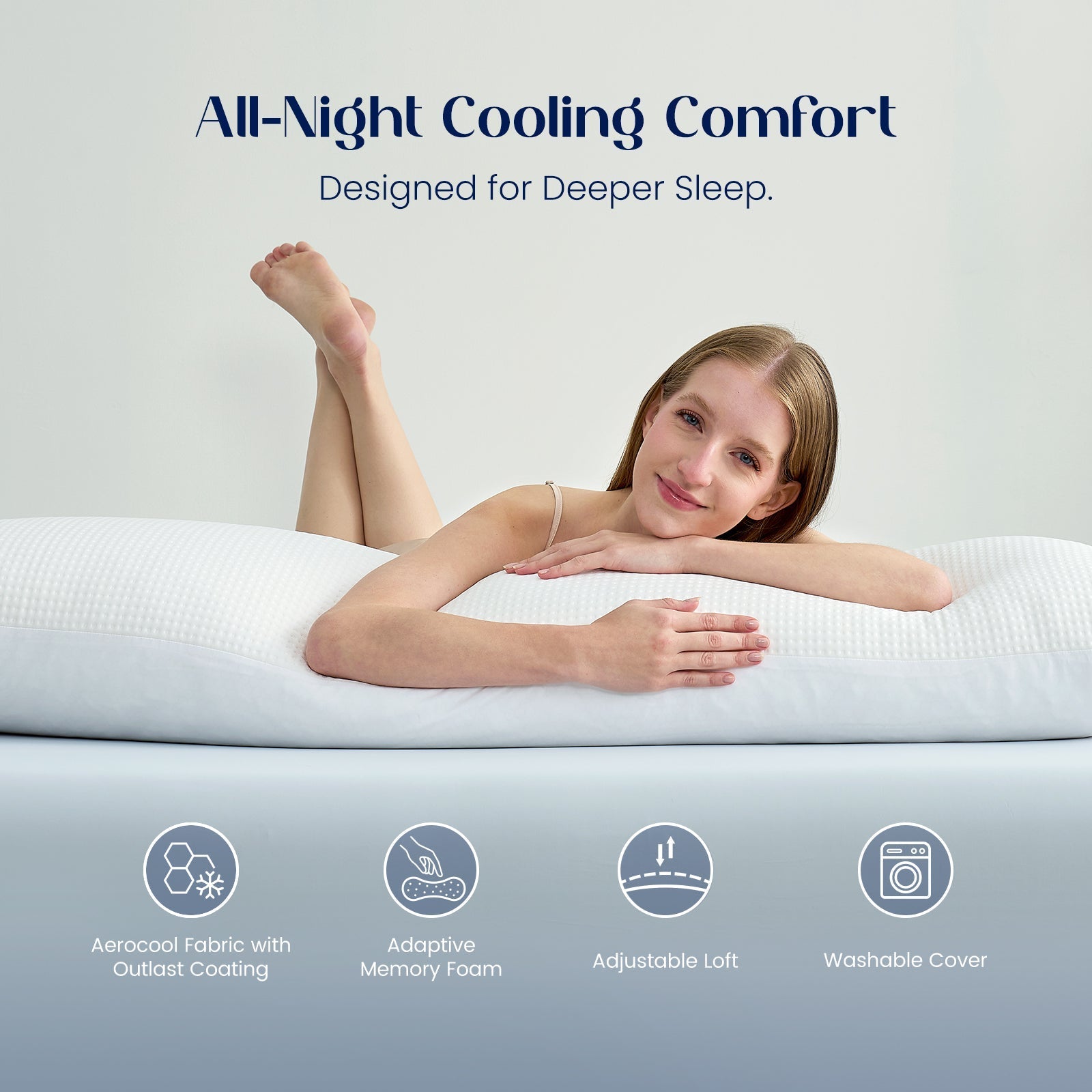 Women using cooling body pillow for all night cooling comfort.#color_Off White