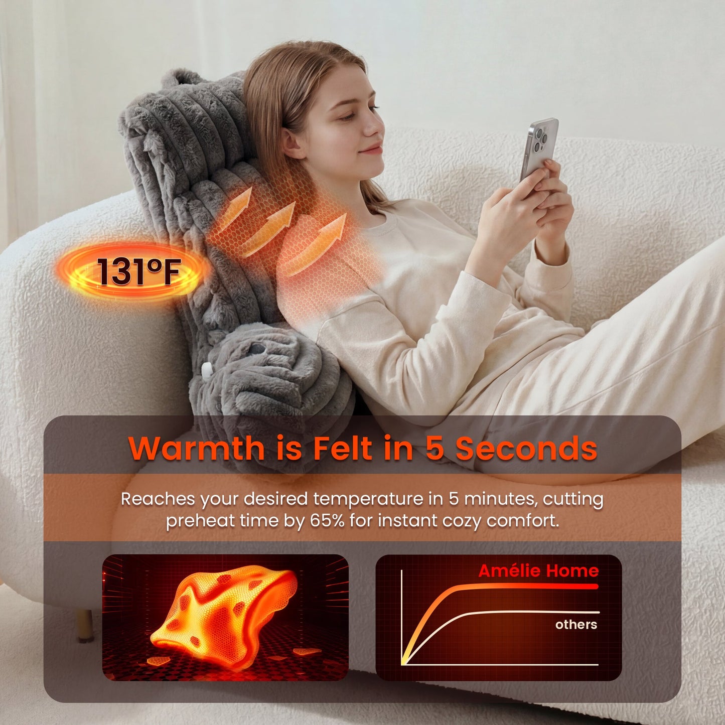 Woman leaning on a heated backrest pillow, holding a phone, with text about quick warmth. #color_Dark Grey