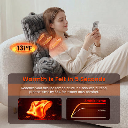Woman leaning on a heated backrest pillow, holding a phone, with text about quick warmth. #color_Dark Grey
