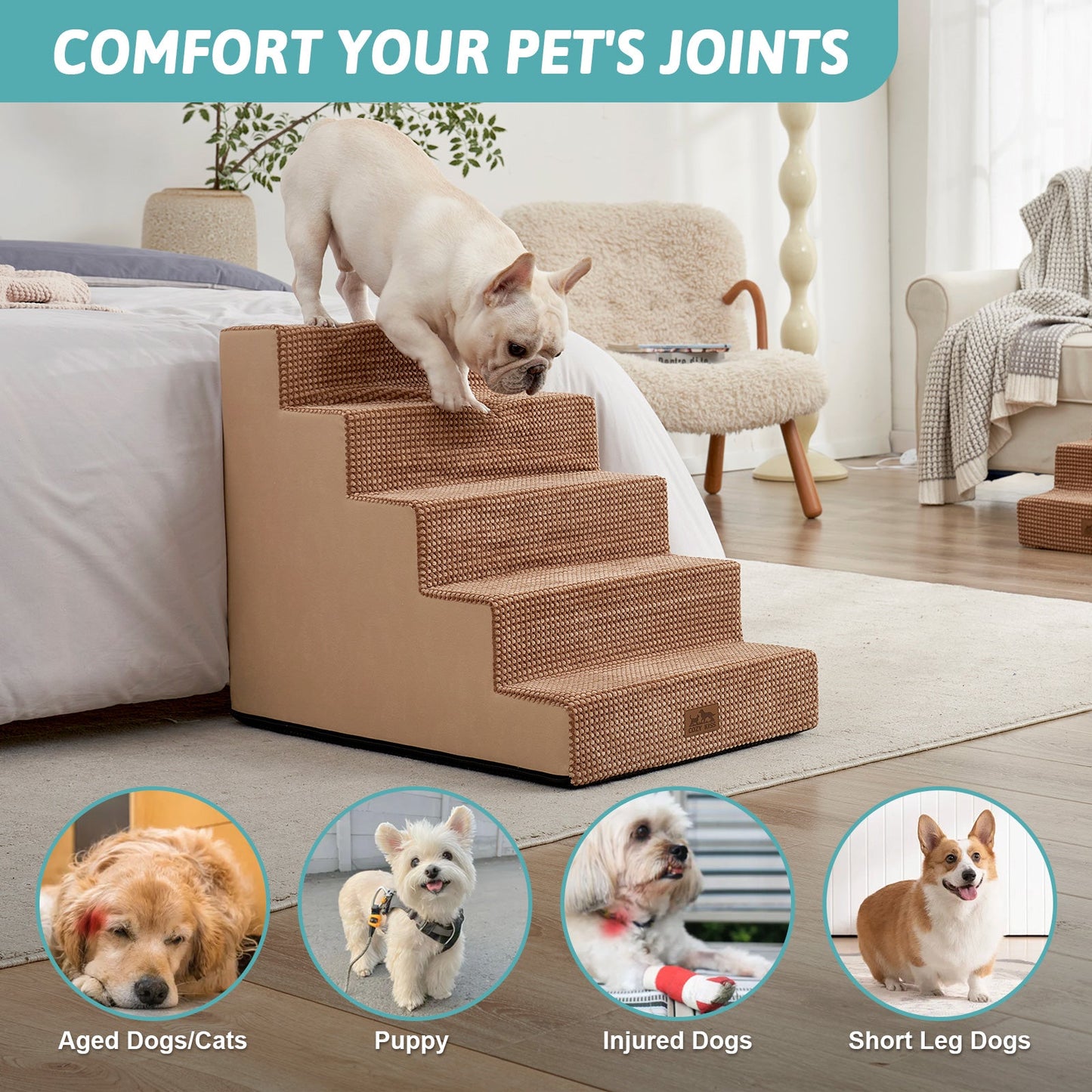 Cozy Bliss foam pet stairs help comfort joints for aged dogs, puppies, injured dogs, and short-leg dogs. #color_Light Brown