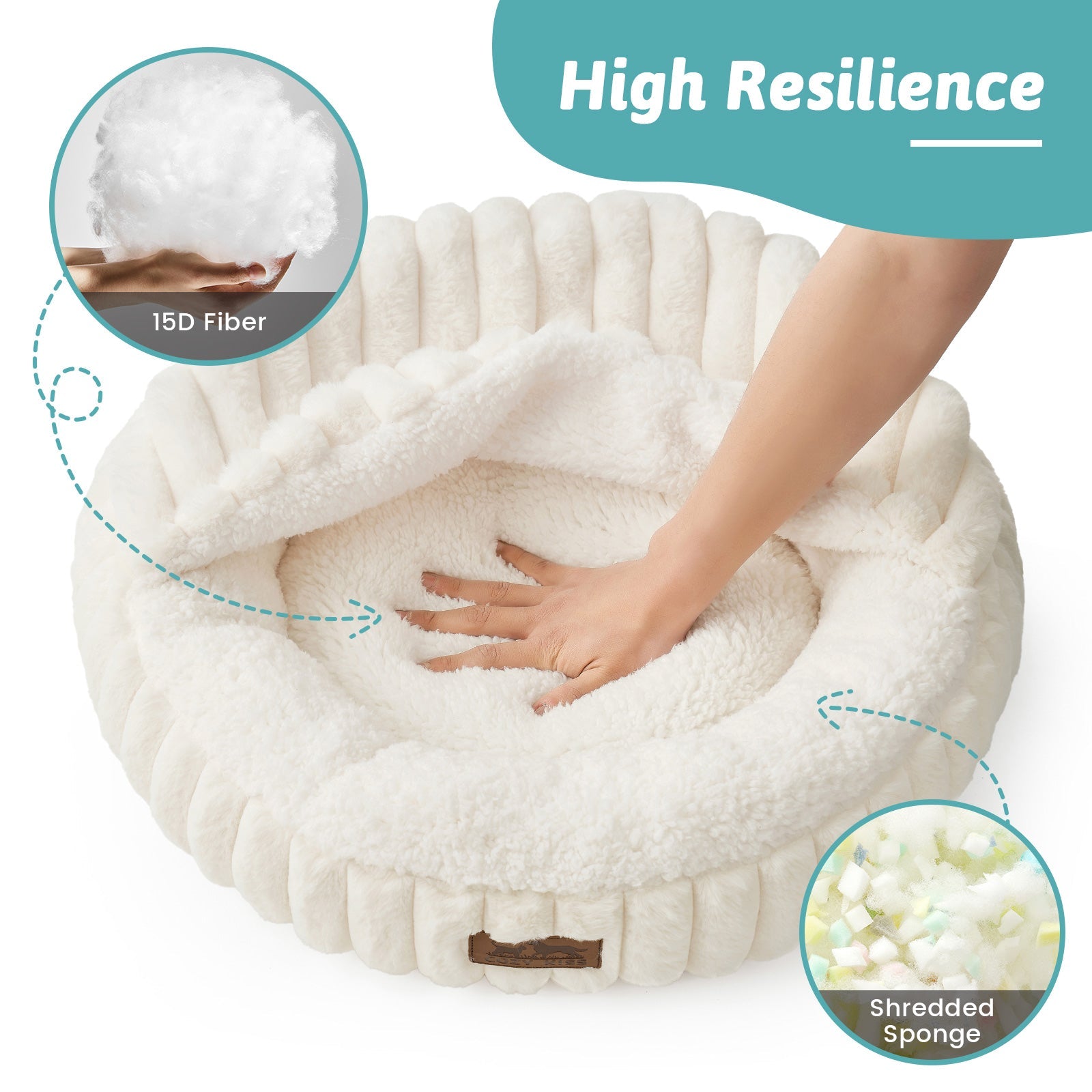 White pet bed with hand demonstrating resilience, 15D fiber, and shredded sponge features.#color_Cream White
