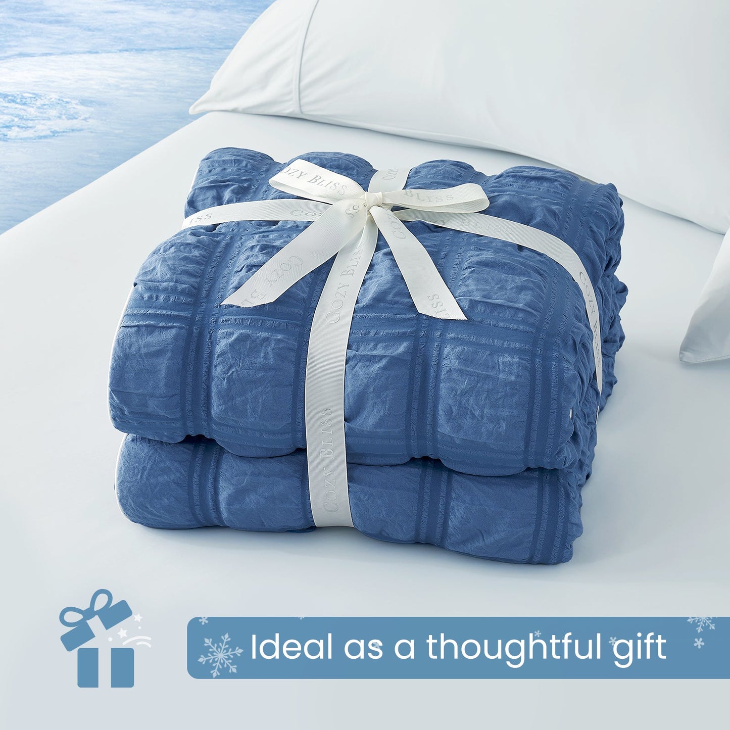 Cozy Bliss dark blue cooling blanket gift wrapped for special occasions, soft and cozy present idea.#color_Dark Blue