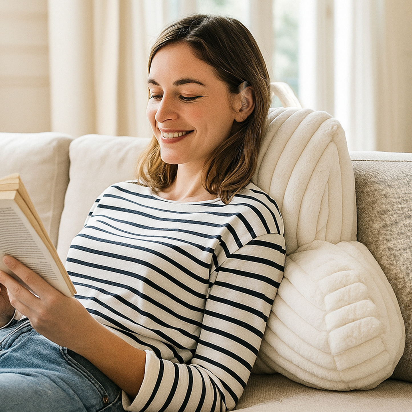 Woman reading a book on a couch with a reading pillow #color_Ivory