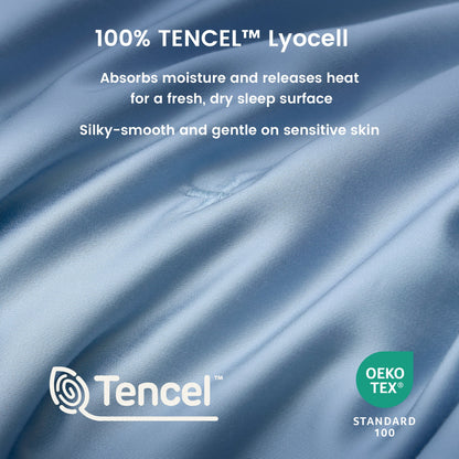 Close up of silky smooth Tencel™ lyocell cooling fabric with OKEO-TEX Standard 100 certification.#Color_Dark Blue