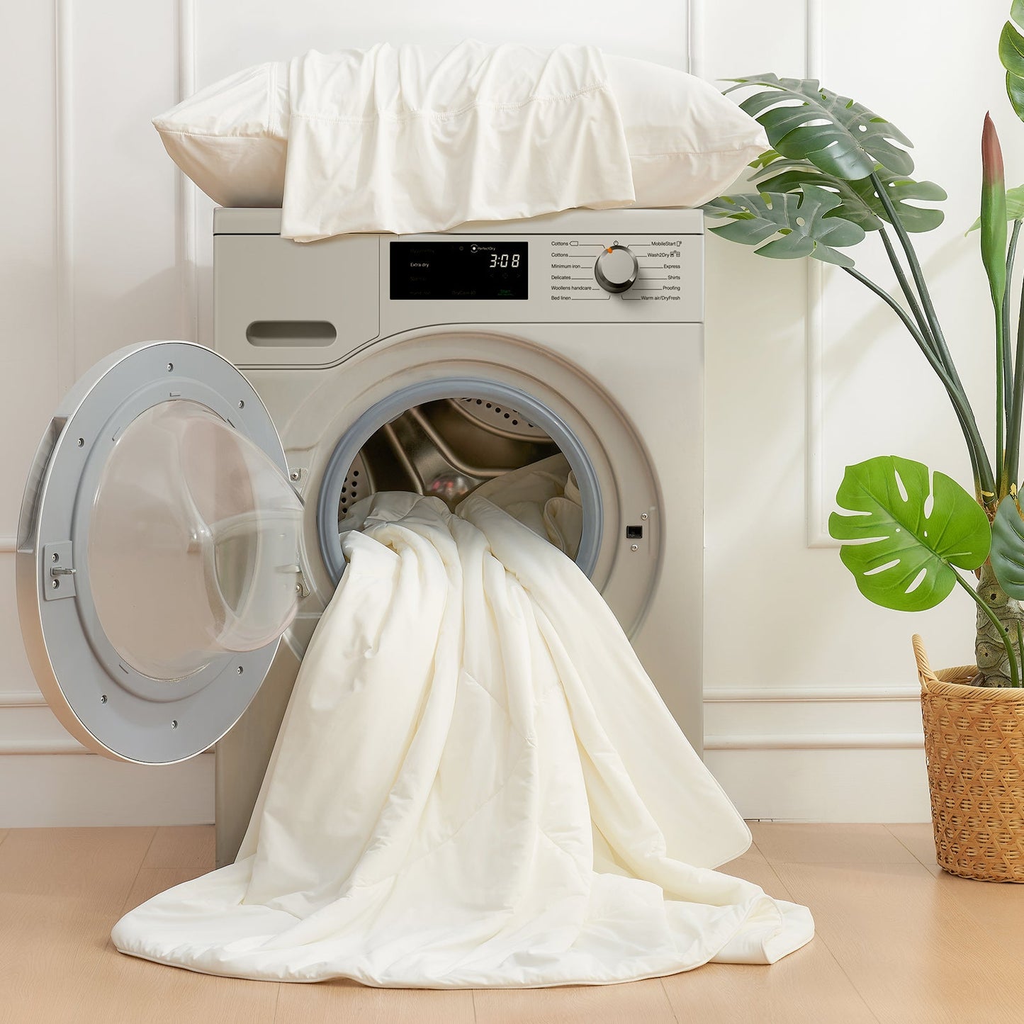 White cooling comforter in washing machine, easy care. Ideal for breathable and soft summer sleep. #Color_Off White