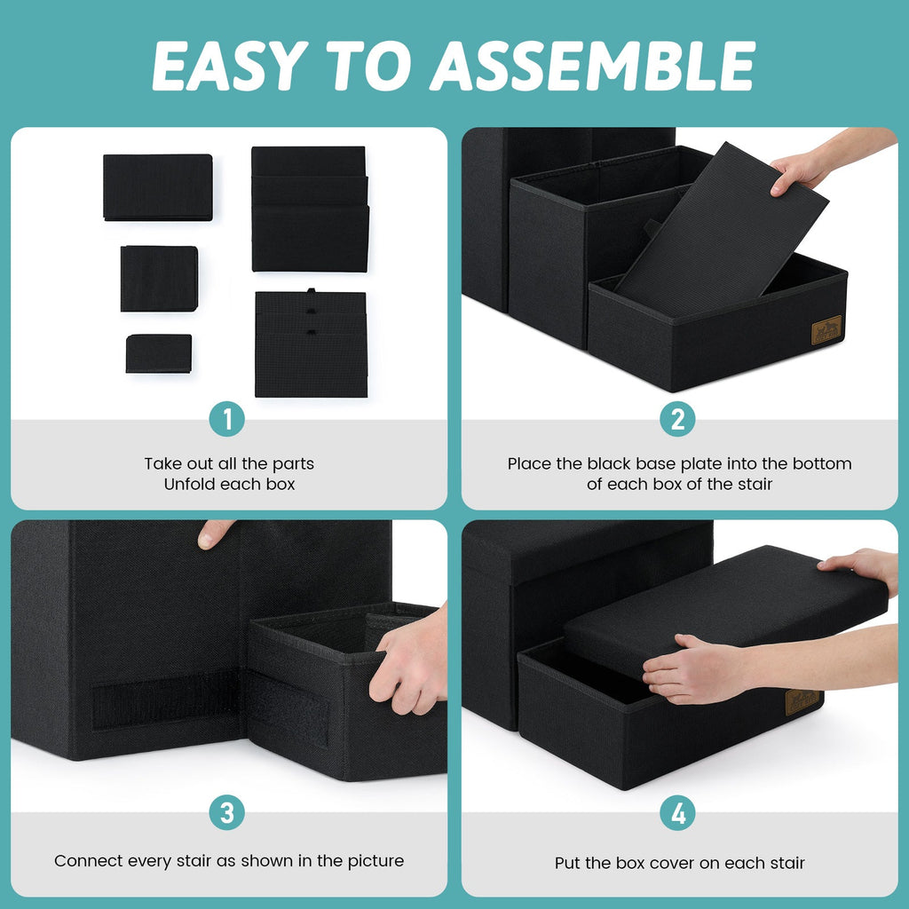 Easy to assemble Cozy Bliss storage pet stairs with simple 4-step unfolding and connecting process. #color_Black
