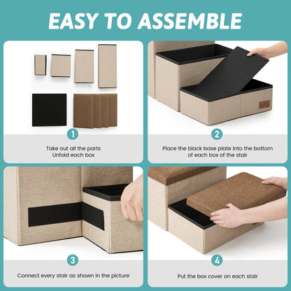 Easy to assemble Cozy Bliss storage pet stairs with simple 4-step unfolding and connecting process. #color_Brown