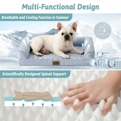 Dog lying on a cooling pad with mountain background, highlighting its breathable and cooling functions.#color_Cool Blue