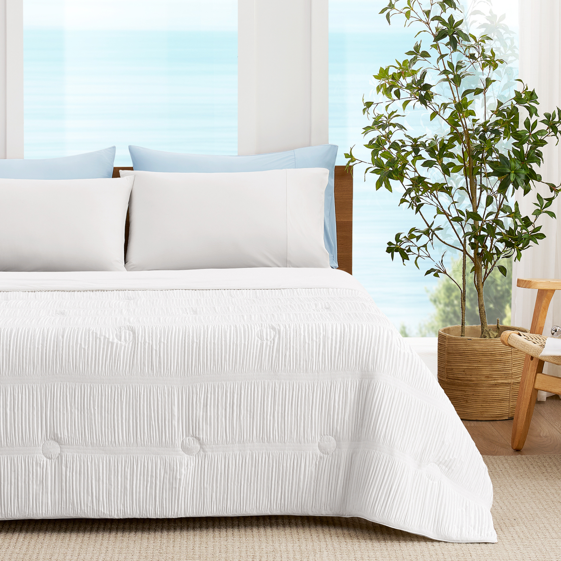 Striped Breathable Cooling Comforter front view.#color_Off White