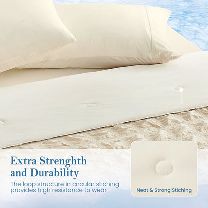 Top view of Cozy Bliss beige seersucker plaid cooling comforter with extra strength and durability.#color_Beige