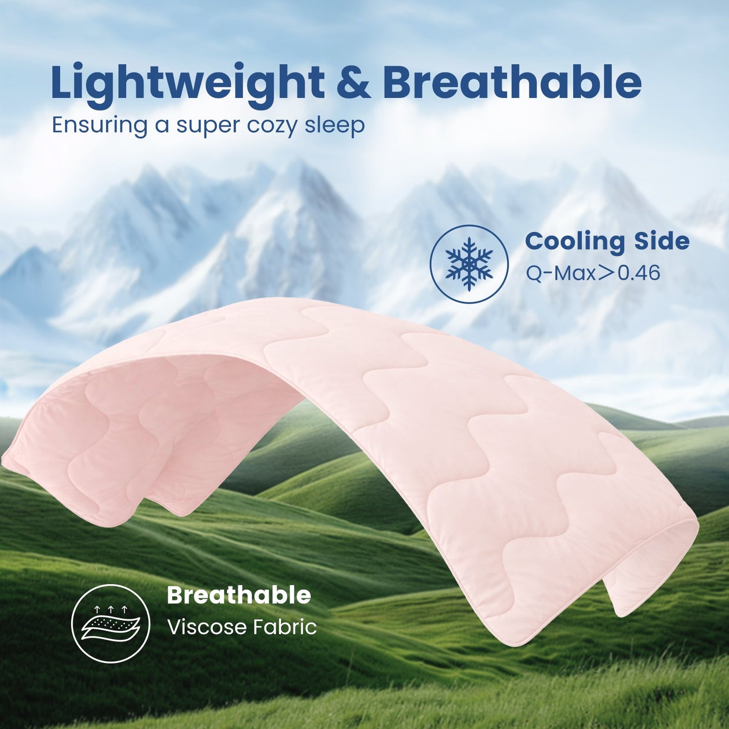 Floating Sorona® pink cooling comforter showing dual-sided design, cooling side for freshness and breathable side for comfort. #color_Pink