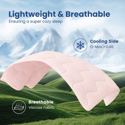 Floating Sorona® pink cooling comforter showing dual-sided design, cooling side for freshness and breathable side for comfort. #color_Pink
