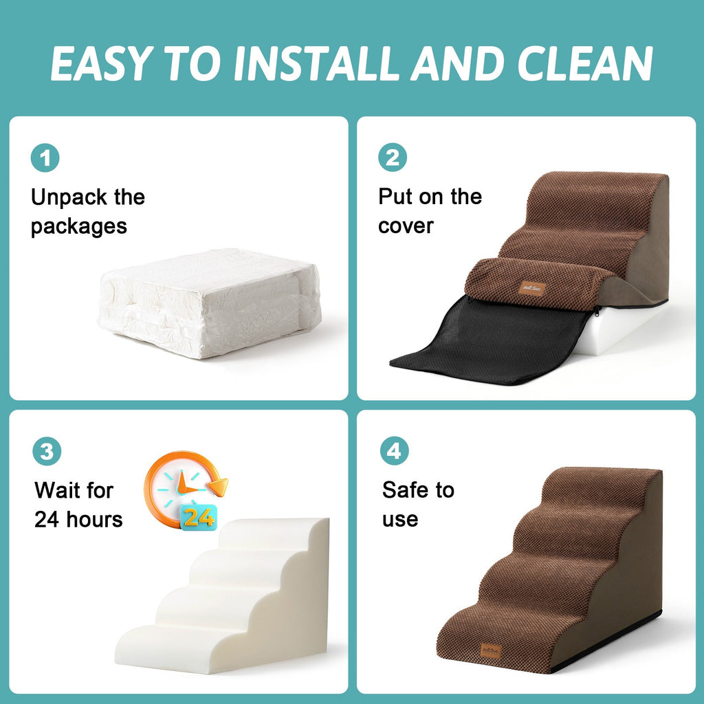 Step-by-step guide on how to install and use pet steps with text 'Easy to Install and Clean'.#color_Brown