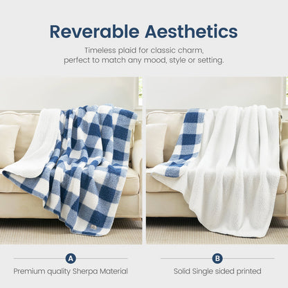 Buffalo sherpa throw blanket in Buffalo Plaid-navy blue displayed in reversible design, showing plaid side and soft sherpa backing #color_Buffalo Plaid-navy blue
