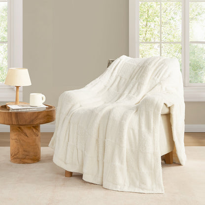 Checkered Faux Fur Feather Yarn Throw Blanket - Pink
