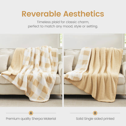 Buffalo sherpa throw blanket in Buffalo Plaid-beige displayed in reversible design, showing plaid side and soft sherpa backing #color_Buffalo Plaid-beige