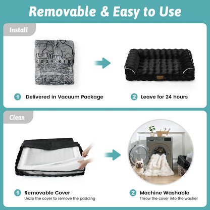 Instructions for using a pet bed with removable cover and vacuum packaging.