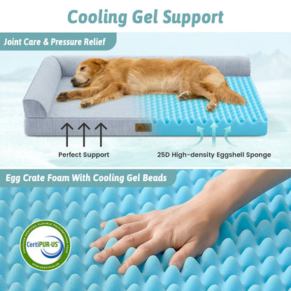 Dog lying on a cooling pet bed with text highlighting features.#color_Cool Blue
