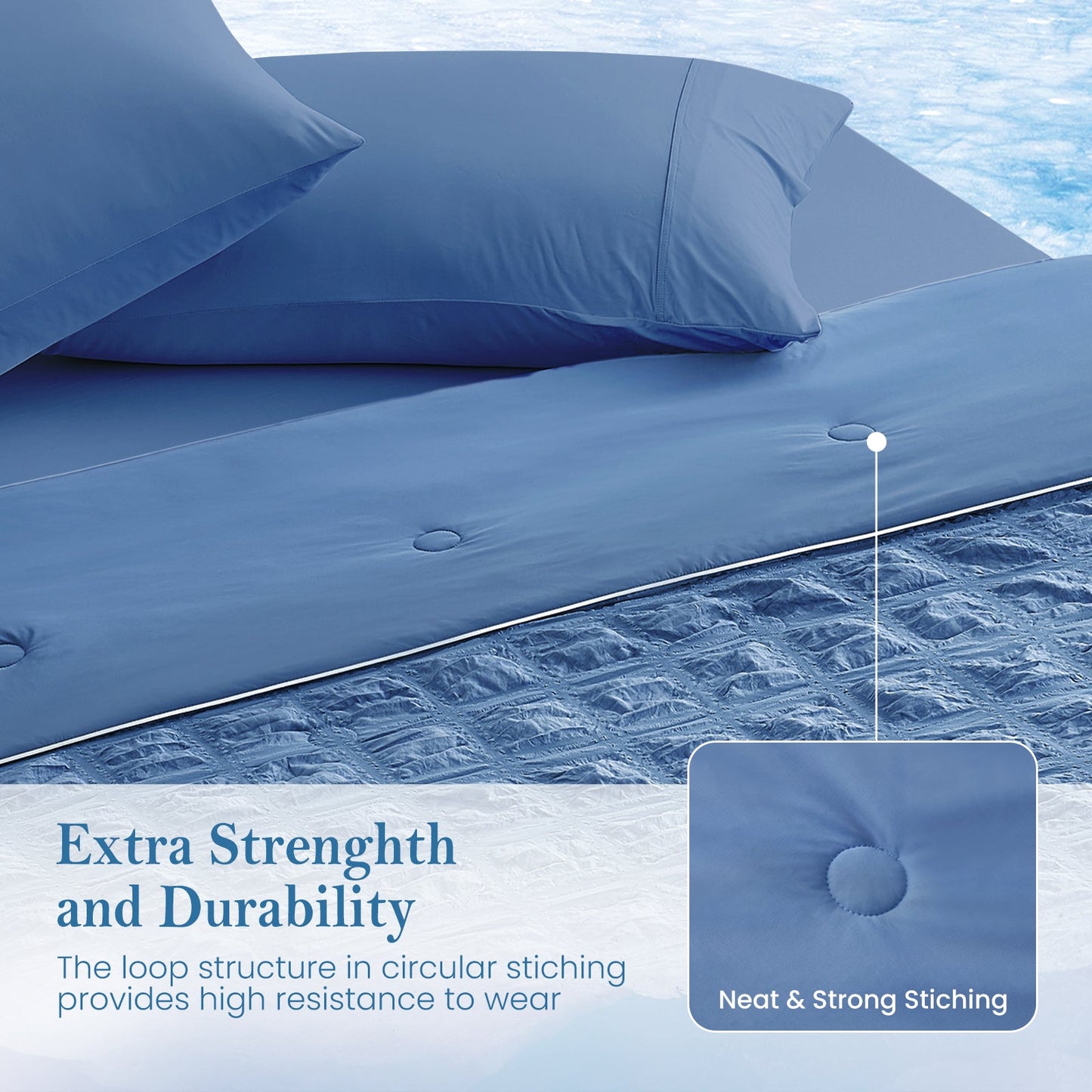 Top view of Cozy Bliss dark blue seersucker plaid cooling comforter with extra strength and durability.#color_Dark Blue