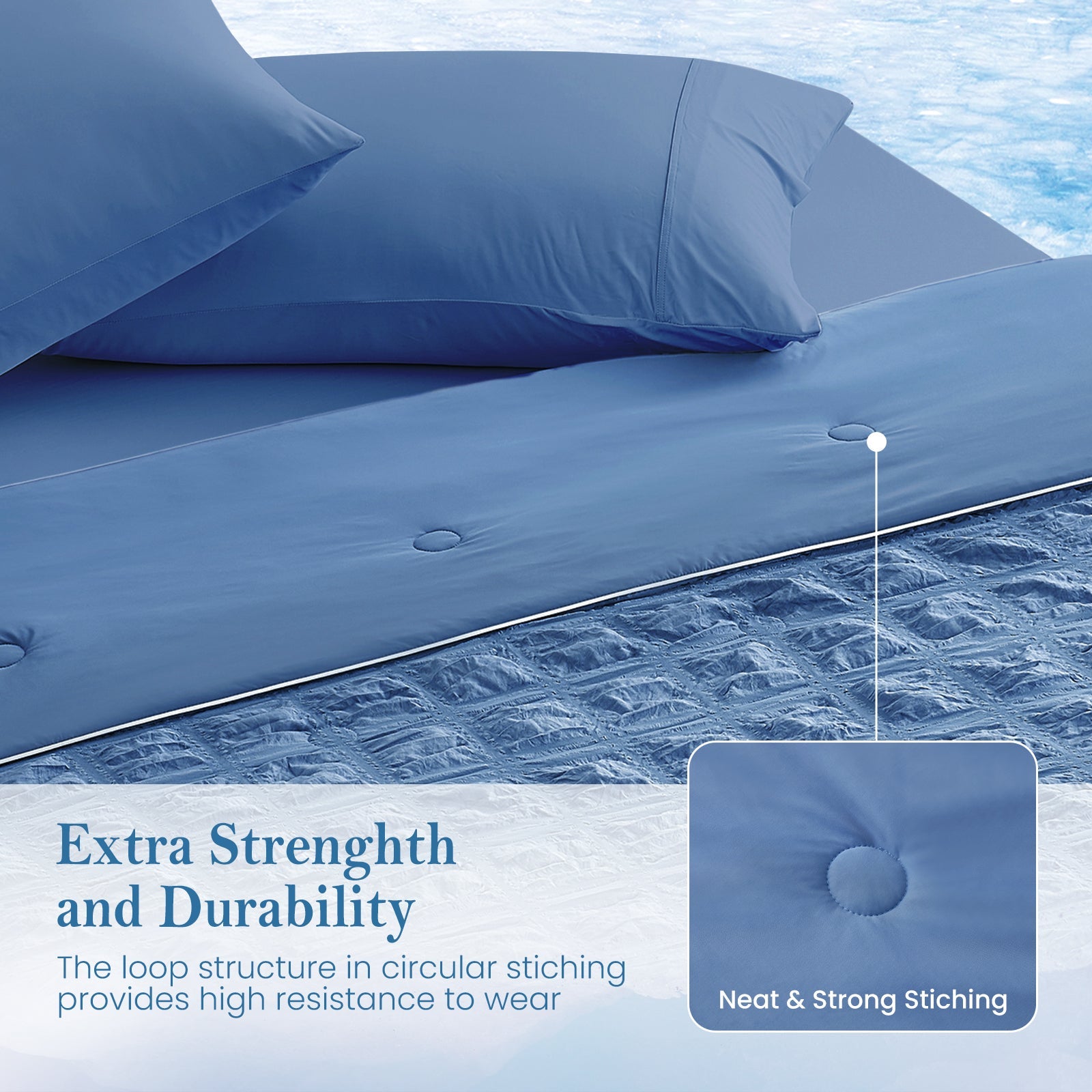 Top view of Cozy Bliss dark blue seersucker plaid cooling comforter with extra strength and durability.#color_Dark Blue