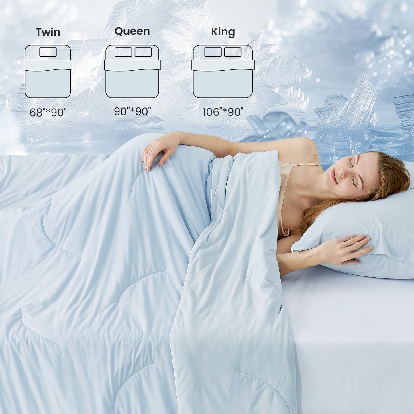 Cozy Bliss cooling comforter in light blue, promoting cool and breathable sleep. Sizes: Twin, Queen, King. #Color_Cool Blue