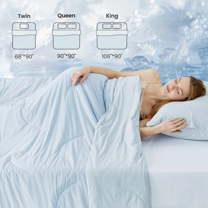 Cozy Bliss cooling comforter in light blue, promoting cool and breathable sleep. Sizes: Twin, Queen, King. #Color_Cool Blue