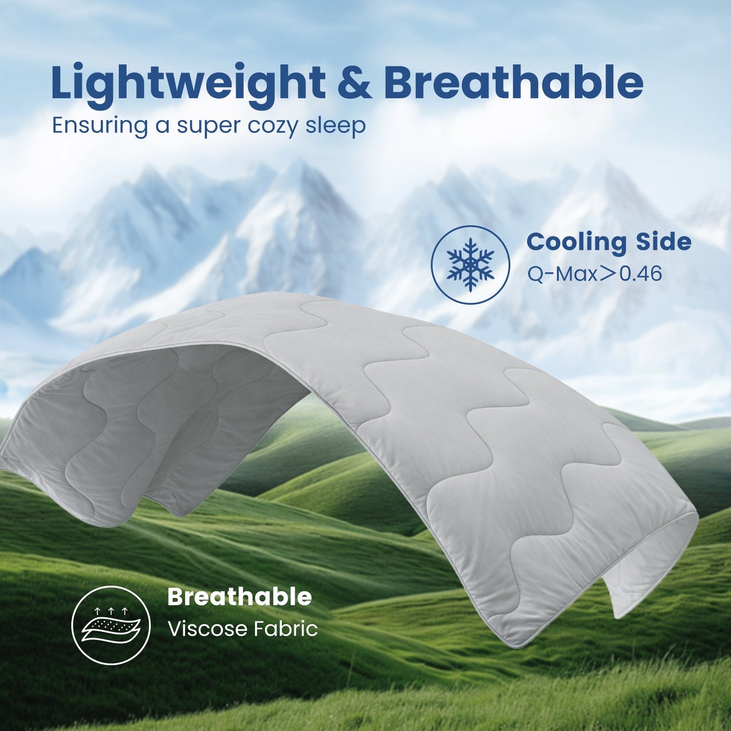 Floating Sorona® cool grey cooling comforter showing dual-sided design, cooling side for freshness and breathable side for comfort. #color_Light Grey