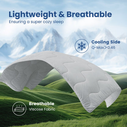 Floating Sorona® cool grey cooling comforter showing dual-sided design, cooling side for freshness and breathable side for comfort. #color_Light Grey