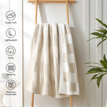 Reversible Heather Checkered Feather Yarn Throw Blanket in Cream White displayed on a rack, featuring super soft, lightweight, fluffy and machine washable material. #color_Cream White