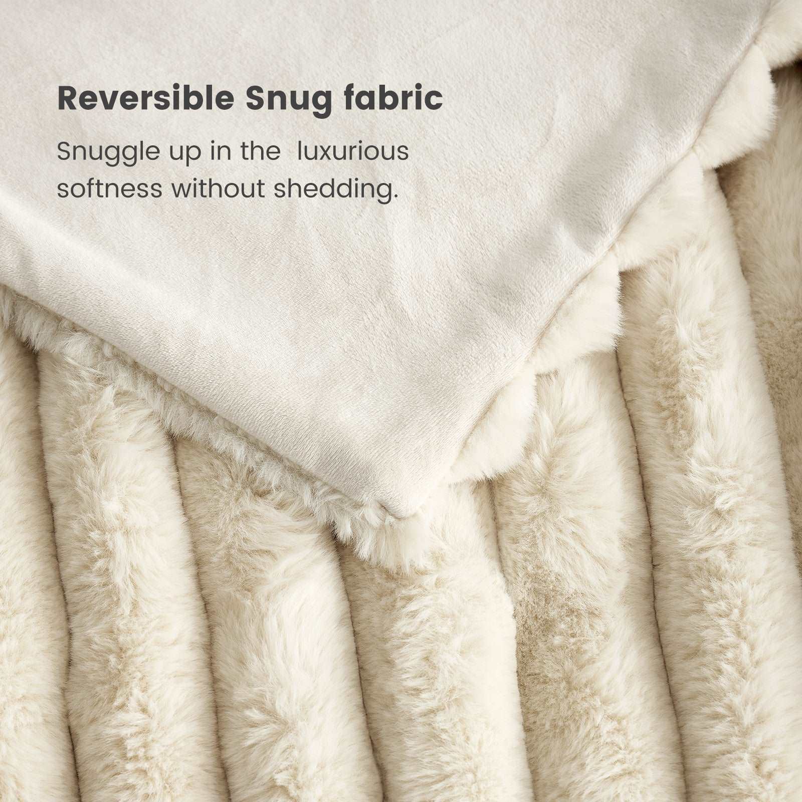 Close-up of Cozy Bliss Faux Fur Blanket fabric, showing Reversible Snug fabric, soft and shedding-free. #color_Beige