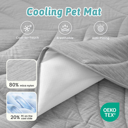 Gray cooling pet mat with text and icons indicating features like cool-to-touch, breathable, and anti-pilling. #color_Grey
