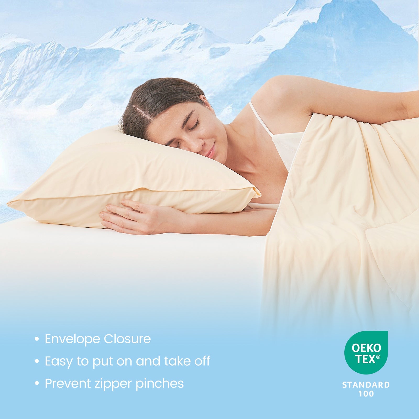 Woman sleeping on a cooling pillow, comfortable sleep, featuring envelope closure, easy to put on and take off, and prevent zipper pinches. #color_Yellow