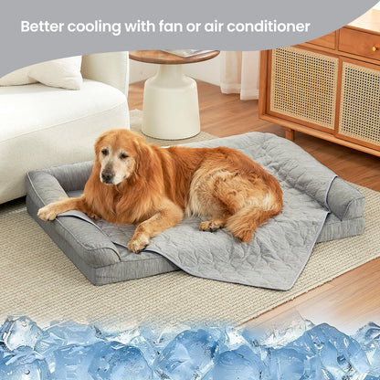 Cozy Bliss pet cooling blanket front view with Dog sitting on it. #color_Light Grey