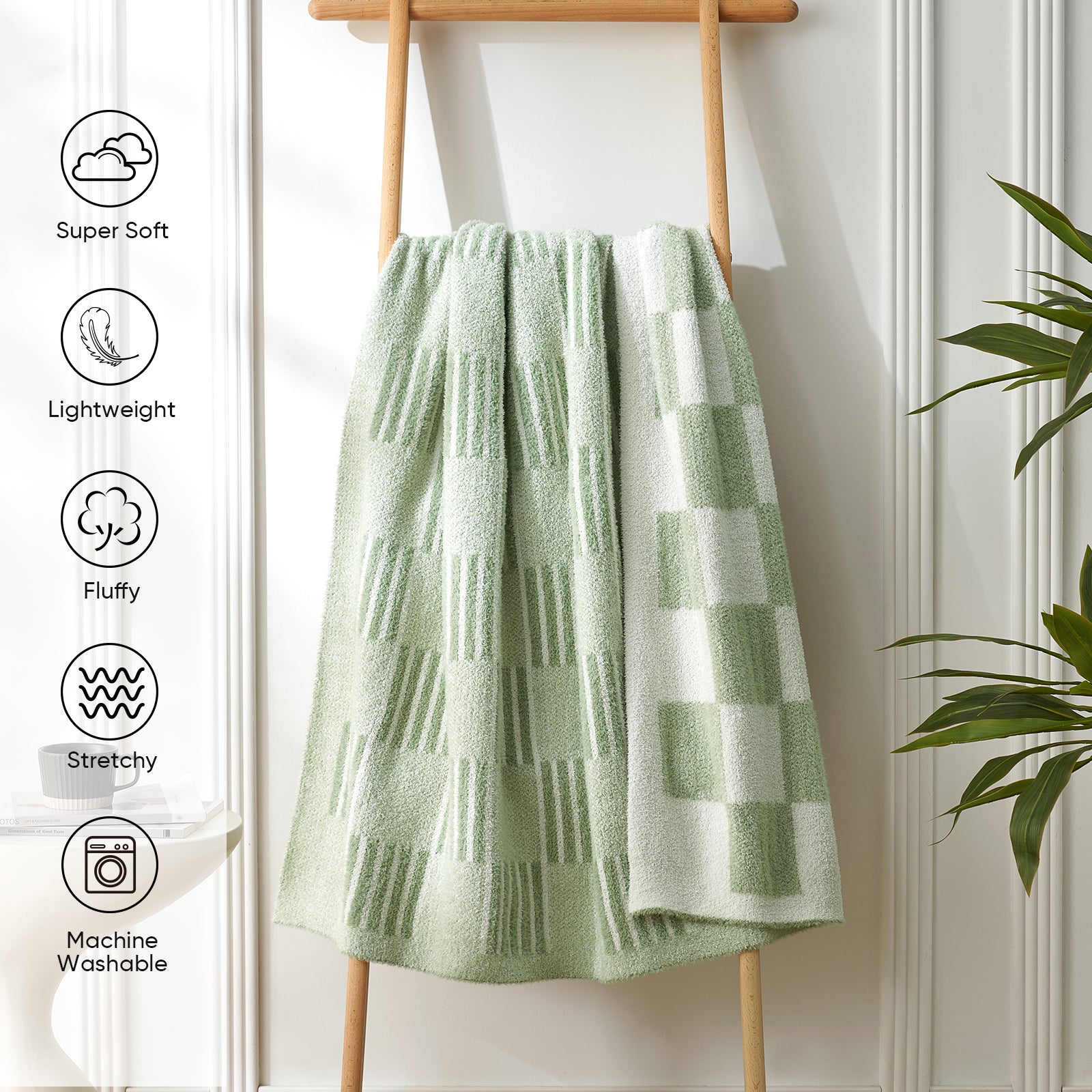 Reversible Heather Checkered Feather Yarn Throw Blanket in Sage Green displayed on a rack, featuring soft, lightweight, fluffy and machine washable fabric. #color_Sage Green