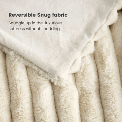 Close-up of Cozy Bliss Faux Fur Blanket fabric, showing Reversible Snug fabric, soft and shedding-free. #color_Beige