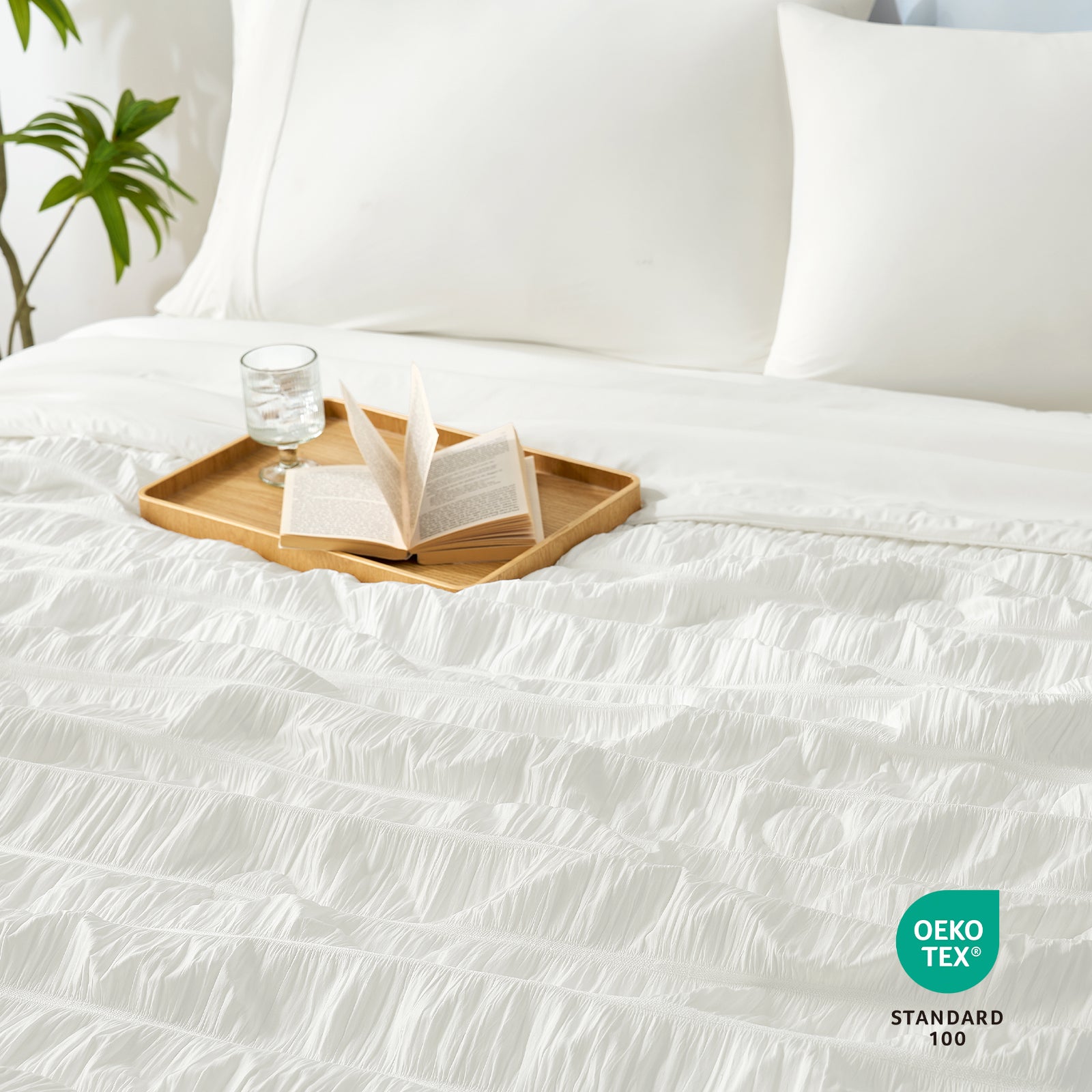 Cozy Bliss Vertical Striped Seersucker Cooling Comforter featuring Oeko-Tex Standard 100 logo. #color_Off White